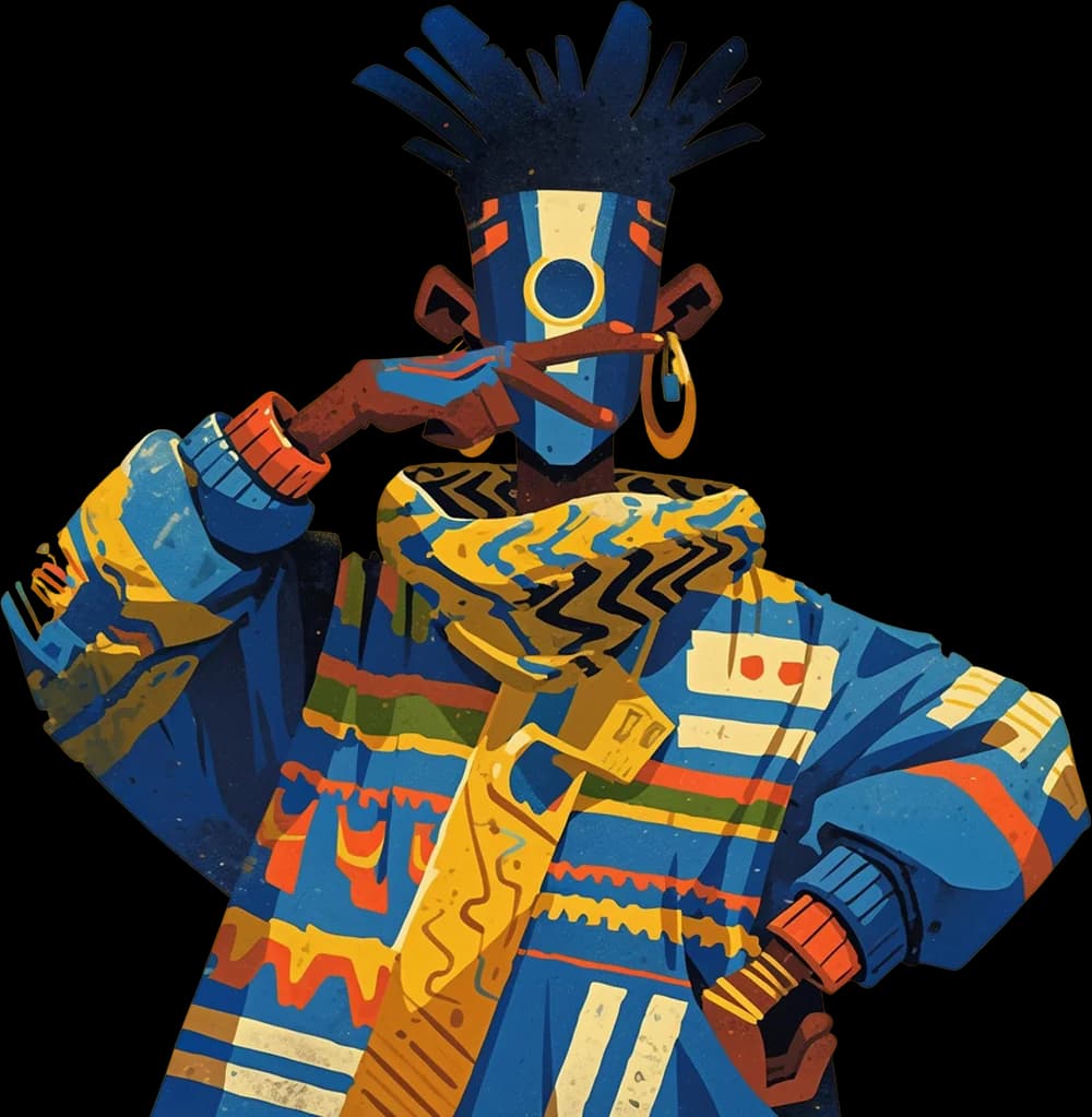 A masked figure in patterned Nigerian dress, arm raised in a salute